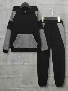 SHEIN Tween Boy Two Tone Raglan Sleeve Hoodie & Sweatpants