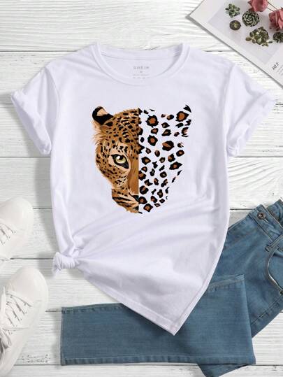INAWLY Leopard Print Tee Graphic Cheetah Print Tees Women Tops