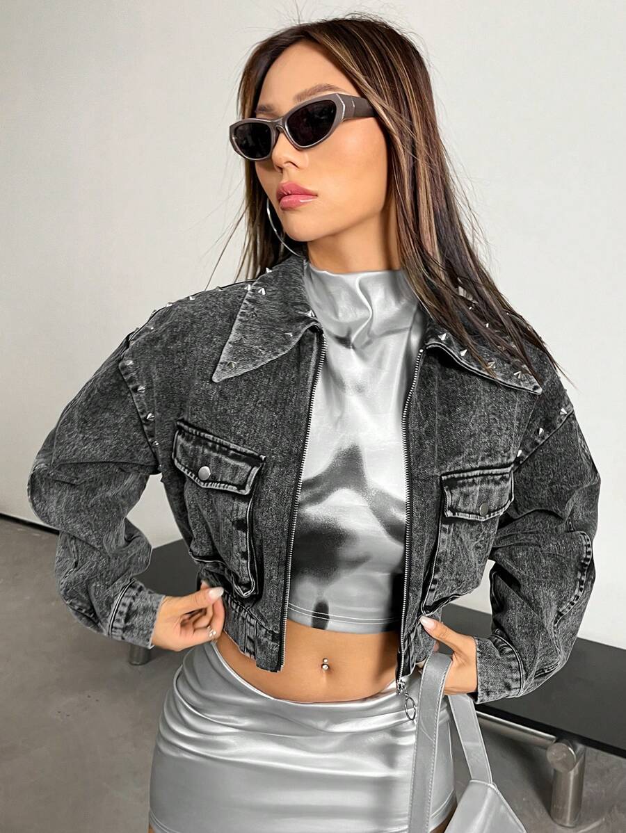 SHEIN X Danna Paola SHEIN ICON 休閒鈕扣 口袋 釘釦 拉鍊純色女士夾克 - 黑色 - 查看 1