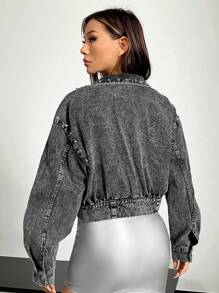 SHEIN X Danna Paola SHEIN ICON 休閒鈕扣 口袋 釘釦 拉鍊純色女士夾克 - 黑色 - 查看 2