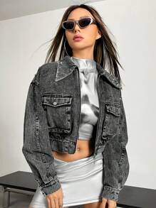 SHEIN X Danna Paola SHEIN ICON 休閒鈕扣 口袋 釘釦 拉鍊純色女士夾克 - 黑色 - 查看 4