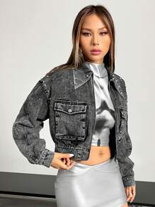 SHEIN X Danna Paola SHEIN ICON 休閒鈕扣 口袋 釘釦 拉鍊純色女士夾克 - 黑色 - 查看 5