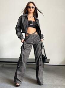 SHEIN X Danna Paola SHEIN ICON Cazadora crop unicolor con cremallera