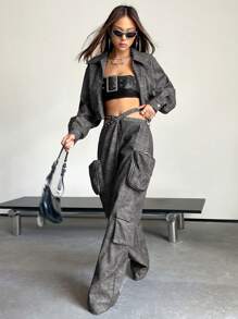 SHEIN X Danna Paola SHEIN ICON Cazadora crop unicolor con cremallera