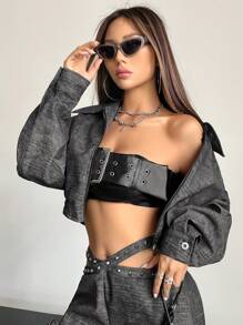 SHEIN X Danna Paola SHEIN ICON Cazadora crop unicolor con cremallera