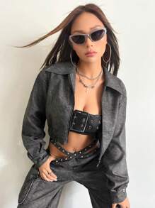 SHEIN X Danna Paola SHEIN ICON Cazadora crop unicolor con cremallera