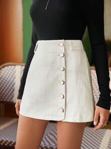 SHEIN Frenchy Nút phía trước Tweed Váy - Màu be - Xem 1