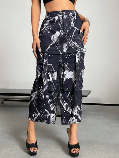 SHEIN X Danna Paola SHEIN ICON Falda cargo con estampado de dibujo con bolsillo lateral con solapa