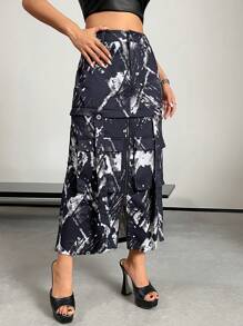SHEIN X Danna Paola SHEIN ICON Falda cargo con estampado de dibujo con bolsillo lateral con solapa