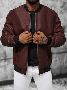 Manfinity Homme 男士拉鏈開襟飛行員夾克 - 酒紅色 - 查看 1