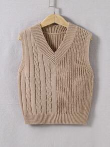 SHEIN Tween Boy Cable Knit V-neck Sweater Vest - Khaki - View 1