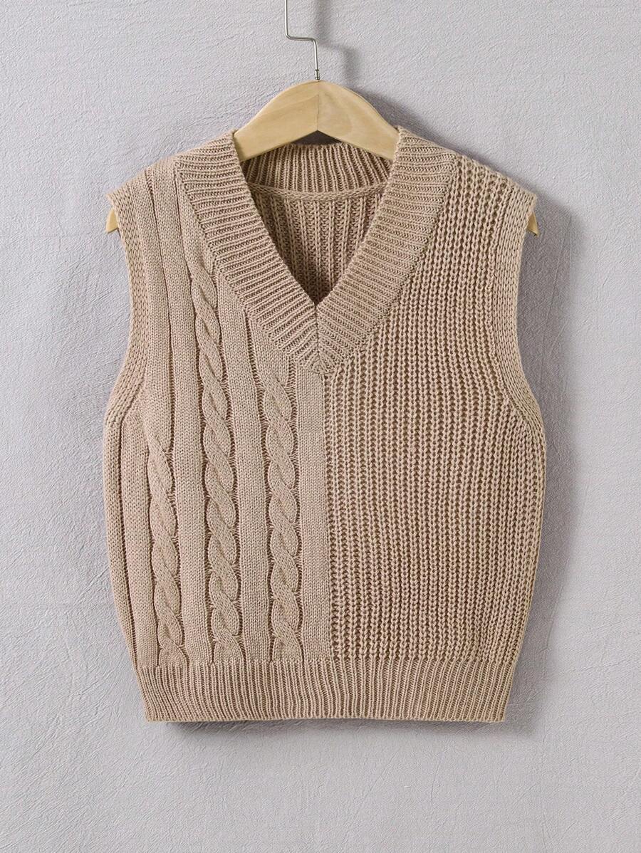 SHEIN Tween Boy Cable Knit V-neck Sweater Vest - Khaki - View 1