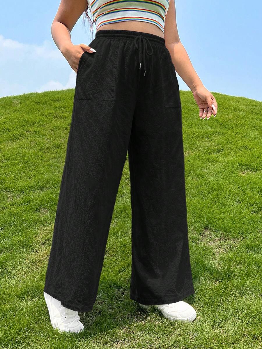 SHEIN EZwear 休閒抽繩 口袋純色加大褲子 - 黑色 - 查看 1