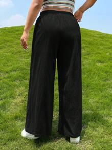 SHEIN EZwear 休閒抽繩 口袋純色加大褲子 - 黑色 - 查看 2