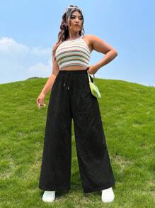 SHEIN EZwear 休閒抽繩 口袋純色加大褲子 - 黑色 - 查看 3