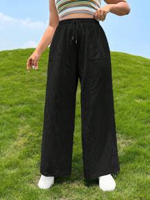 SHEIN EZwear 休閒抽繩 口袋純色加大褲子 - 黑色 - 查看 4