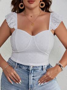 SHEIN VCAY Plus Eyelet Embroidery Ruffle Trim Crop Top - White - View 4