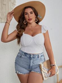 SHEIN VCAY Plus Eyelet Embroidery Ruffle Trim Crop Top - White - View 2