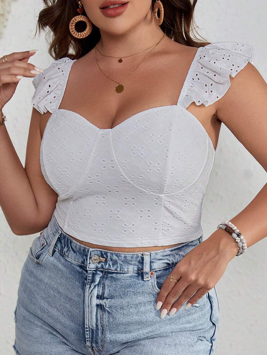 SHEIN VCAY Plus Eyelet Embroidery Ruffle Trim Crop Top - White - View 1
