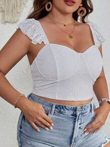 SHEIN VCAY Plus Eyelet Embroidery Ruffle Trim Crop Top - White - View 3