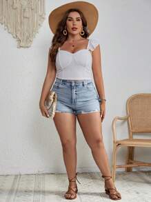 SHEIN VCAY Plus Eyelet Embroidery Ruffle Trim Crop Top - White - View 6