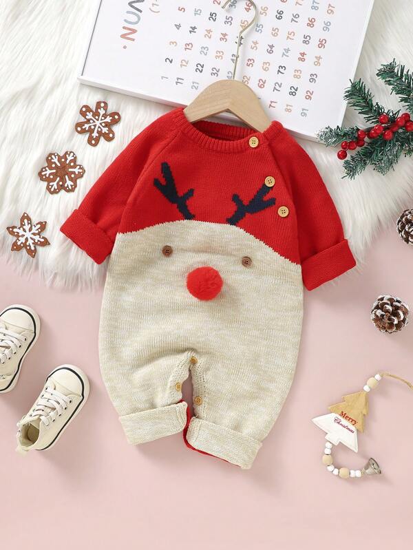 Bebê Menino Padrão de Cartoon Detalhe Do Botão Manga De Raglan Malha Macacão Para Natal