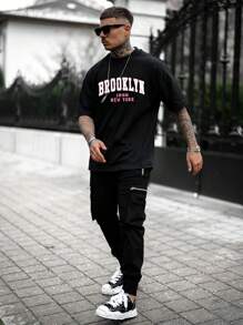 Men Letter Graphic Drop Shoulder Tee - Black - View 4