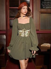 SHEIN MOD 印花前繫帶喇叭袖連衣裙 - 軍綠色 - 查看 4