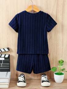 SHEIN Young Boy Letter Patched Detail Tee & Shorts - Navy Blue - View 2