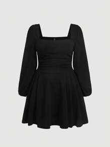 SHEIN MOD Váy xếp ly tay đèn lồng Plus - màu đen - Xem 1