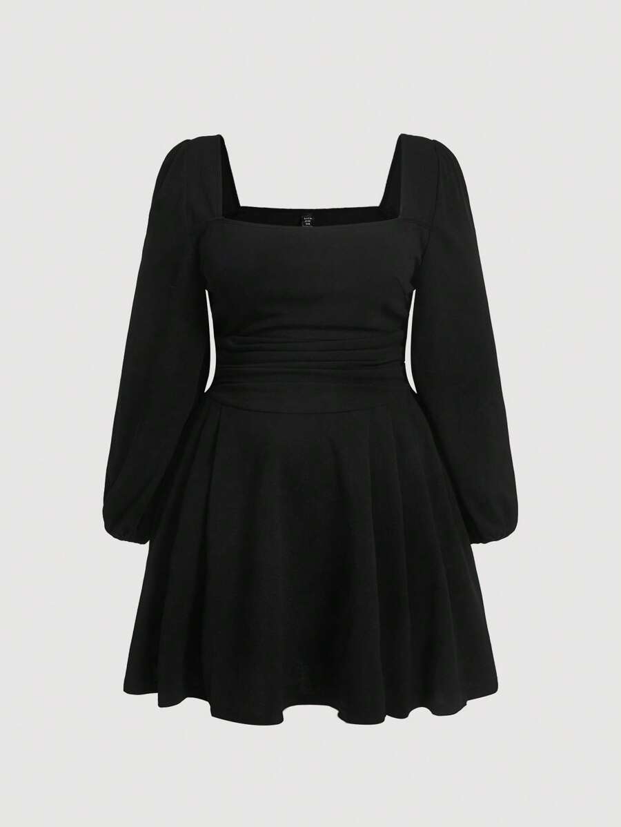 SHEIN MOD Váy xếp ly tay đèn lồng Plus - màu đen - Xem 1