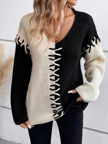 EMERY ROSE Two Tone Drop Shoulder Sweater,Long Sleeve Tops Knit Pullover Fall Winter Sweater - Multicolor - View 1