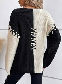 EMERY ROSE Two Tone Drop Shoulder Sweater,Long Sleeve Tops Knit Pullover Fall Winter Sweater - Multicolor - View 2