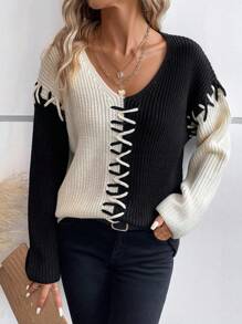 EMERY ROSE Two Tone Drop Shoulder Sweater,Long Sleeve Tops Knit Pullover Fall Winter Sweater - Multicolor - View 3