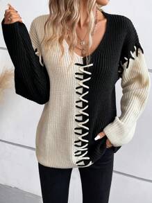EMERY ROSE Two Tone Drop Shoulder Sweater,Long Sleeve Tops Knit Pullover Fall Winter Sweater - Multicolor - View 4