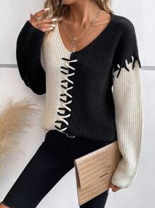EMERY ROSE Two Tone Drop Shoulder Sweater,Long Sleeve Tops Knit Pullover Fall Winter Sweater - Multicolor - View 5