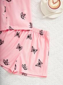 SHEIN Leap Crew 女小童蝴蝶圖案西裝領睡衣套裝 - 粉色 - 查看 3