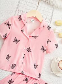 SHEIN Leap Crew 女小童蝴蝶圖案西裝領睡衣套裝 - 粉色 - 查看 4