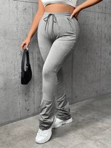 SHEIN SXY Plus Drawstring Waist Ruched Hem Pants - Light Grey - View 1