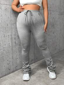 SHEIN SXY Plus Drawstring Waist Ruched Hem Pants - Light Grey - View 3