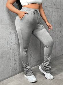 SHEIN SXY Plus Drawstring Waist Ruched Hem Pants - Light Grey - View 6