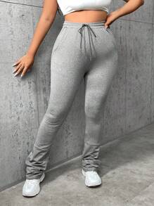 SHEIN SXY Plus Drawstring Waist Ruched Hem Pants - Light Grey - View 7