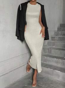 SHEIN Essnce Vestido ajustado unicolor tejido de canalé - Albaricoque - Ver 1