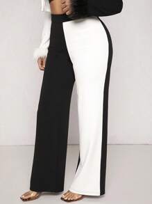 SHEIN SXY Two Tone Wide Leg Pants Birthday Valentine Day Bachelorette Party Spring - Black and White - View 4
