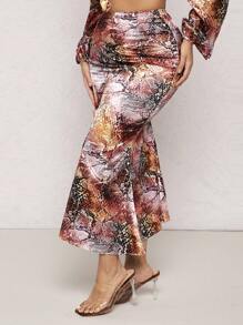 SHEIN SXY Snakeskin Print Split Thigh Mermaid Hem Skirt - Multicolor - View 1