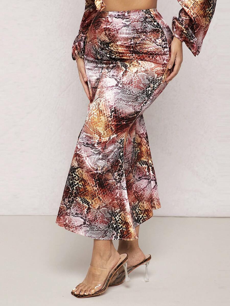 SHEIN SXY Snakeskin Print Split Thigh Mermaid Hem Skirt - Multicolor - View 1