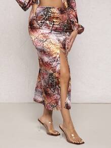 SHEIN SXY Snakeskin Print Split Thigh Mermaid Hem Skirt - Multicolor - View 3