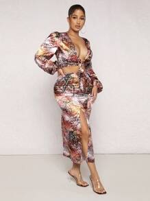 SHEIN SXY Snakeskin Print Split Thigh Mermaid Hem Skirt - Multicolor - View 5