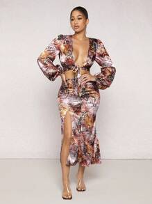 SHEIN SXY Snakeskin Print Split Thigh Mermaid Hem Skirt - Multicolor - View 6