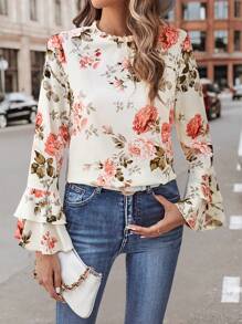SHEIN Clasi Floral Print Flare Sleeve Frill Neck Blouse - Multicolor - View 4